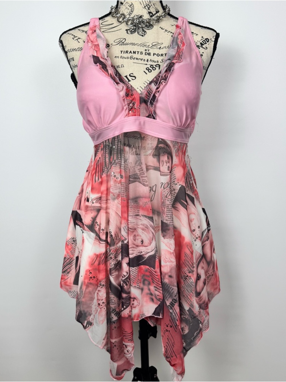 Pink Printed Handkerchief Hem Babydoll Tank